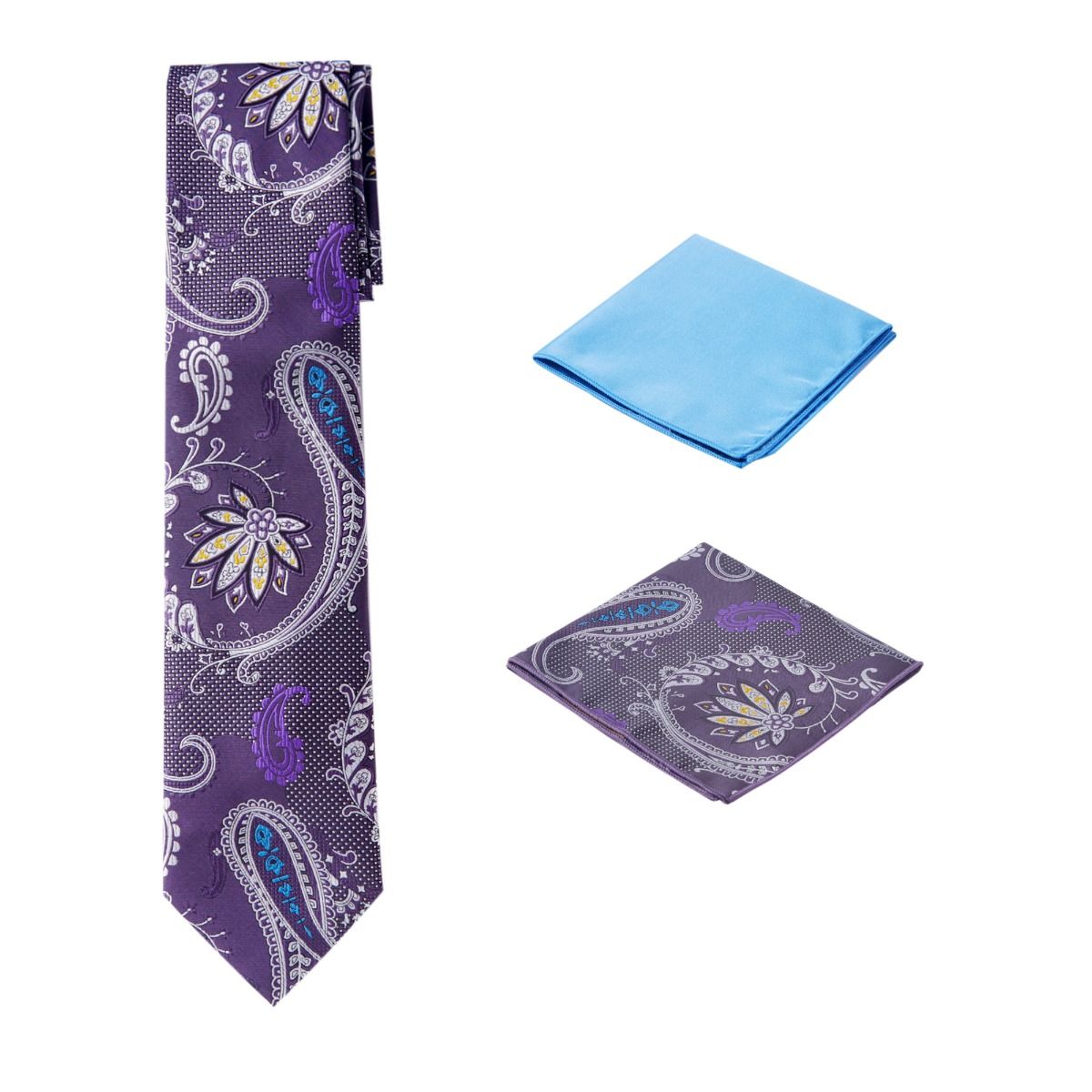Men's Unique Printed Paisley Flower Purple Themed Necktie w/ 2 handkerchiefs  