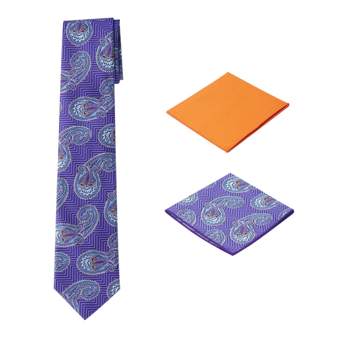 Men's Unique Printed Paisley Purple Themed Necktie w/ 2 handkerchiefs  