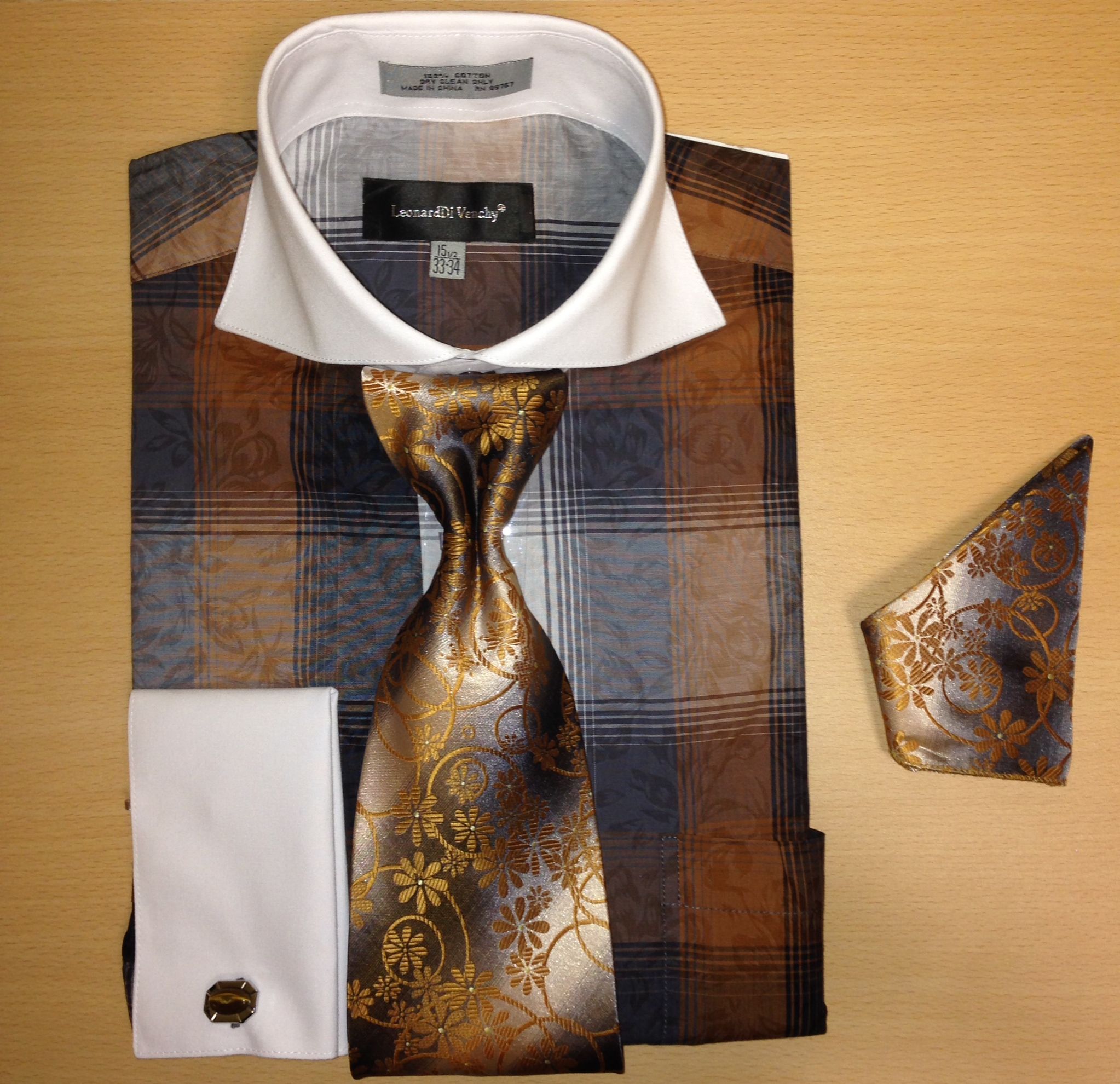 Men's Fashion Two-Tone w/ Paisley Mixture Cufflink Dress Shirt Set - Brown to Black