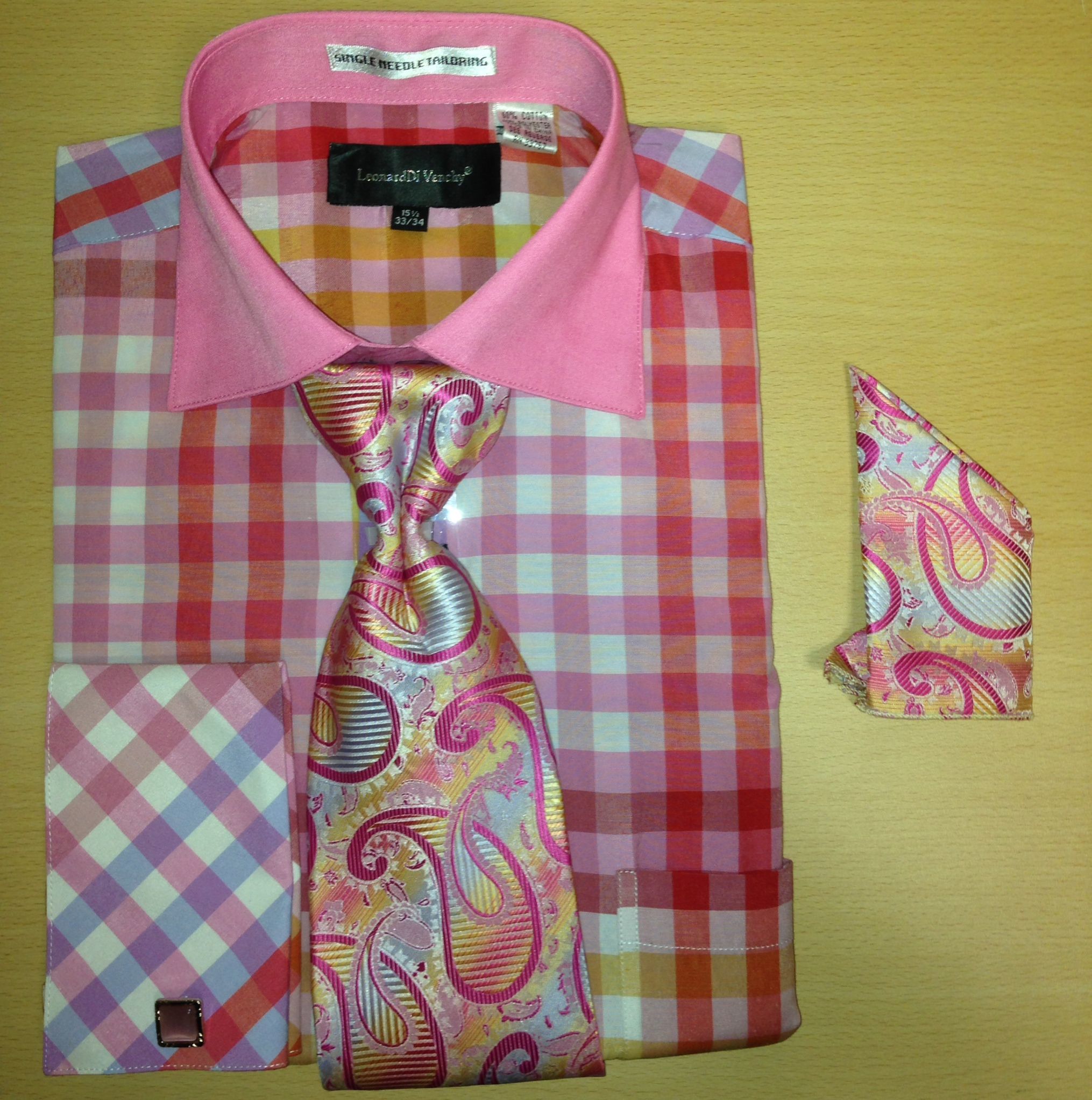 Men's Fashion Multi Gingham Checked Cufflink Dress Shirt Set - Fuschia