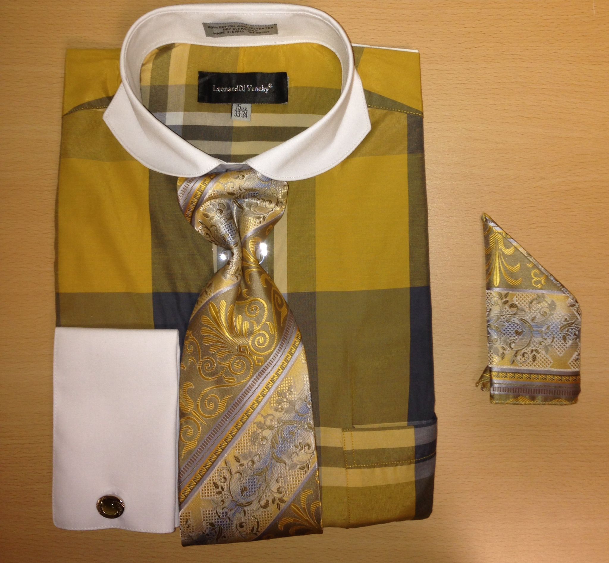 Men's Fashion Enormous Checked Cufflink Dress Shirt Set - Gold & Navy