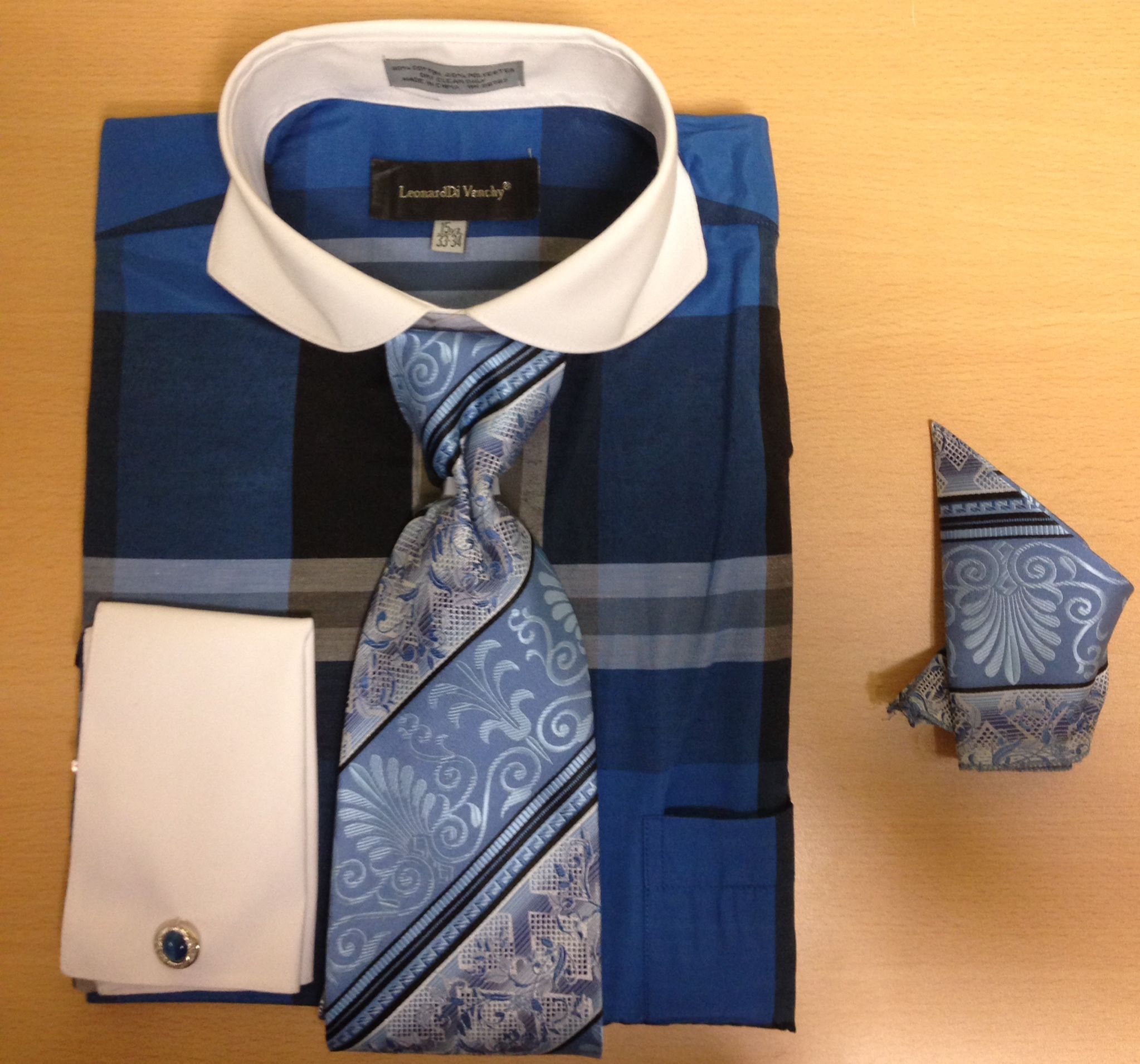 Men's Fashion Enormous Checked Cufflink Dress Shirt Set - Blue | Suit