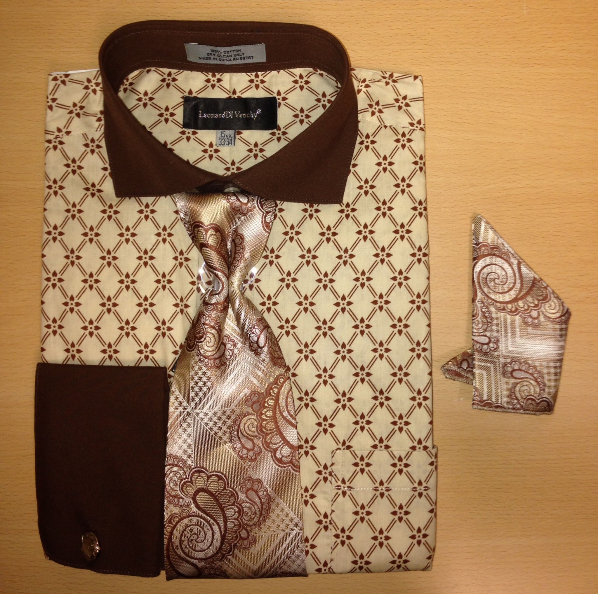 Men's Fashion Diamond Chain Dot Print Cufflink Dress Shirt Set - Brown and Tan