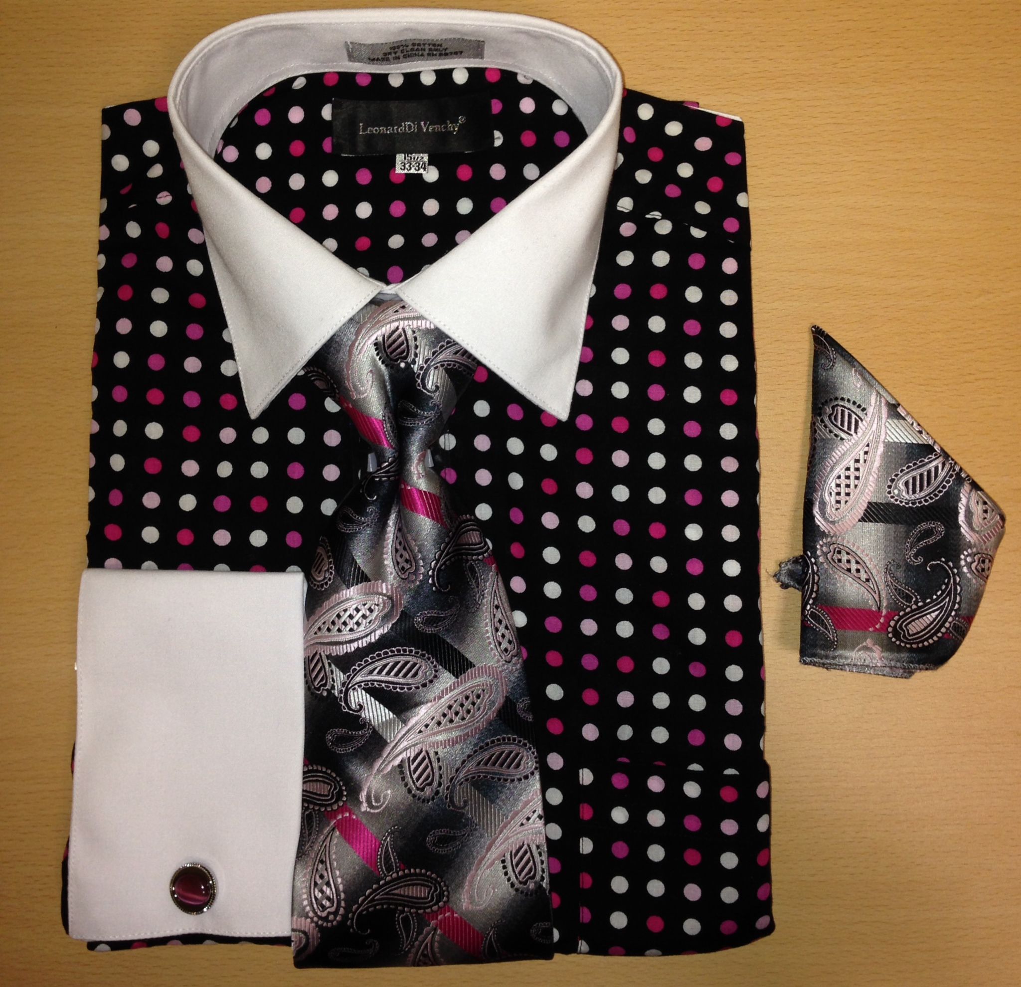 Men's Fashion Multi Xtreme Polka Dot Cufflink Dress Shirt Set - Black and Pink