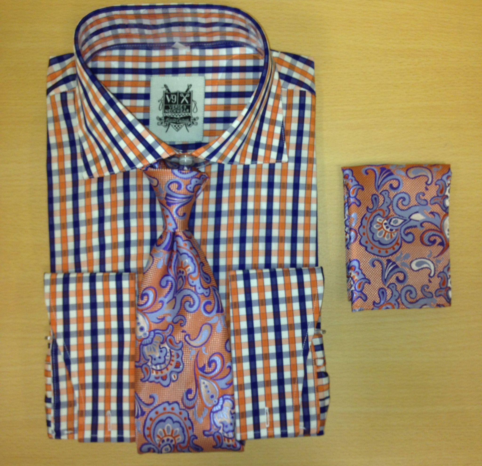 *Men's Fashion Orange and Navy Flava Dress Shirt and Custom Tie/Hanky