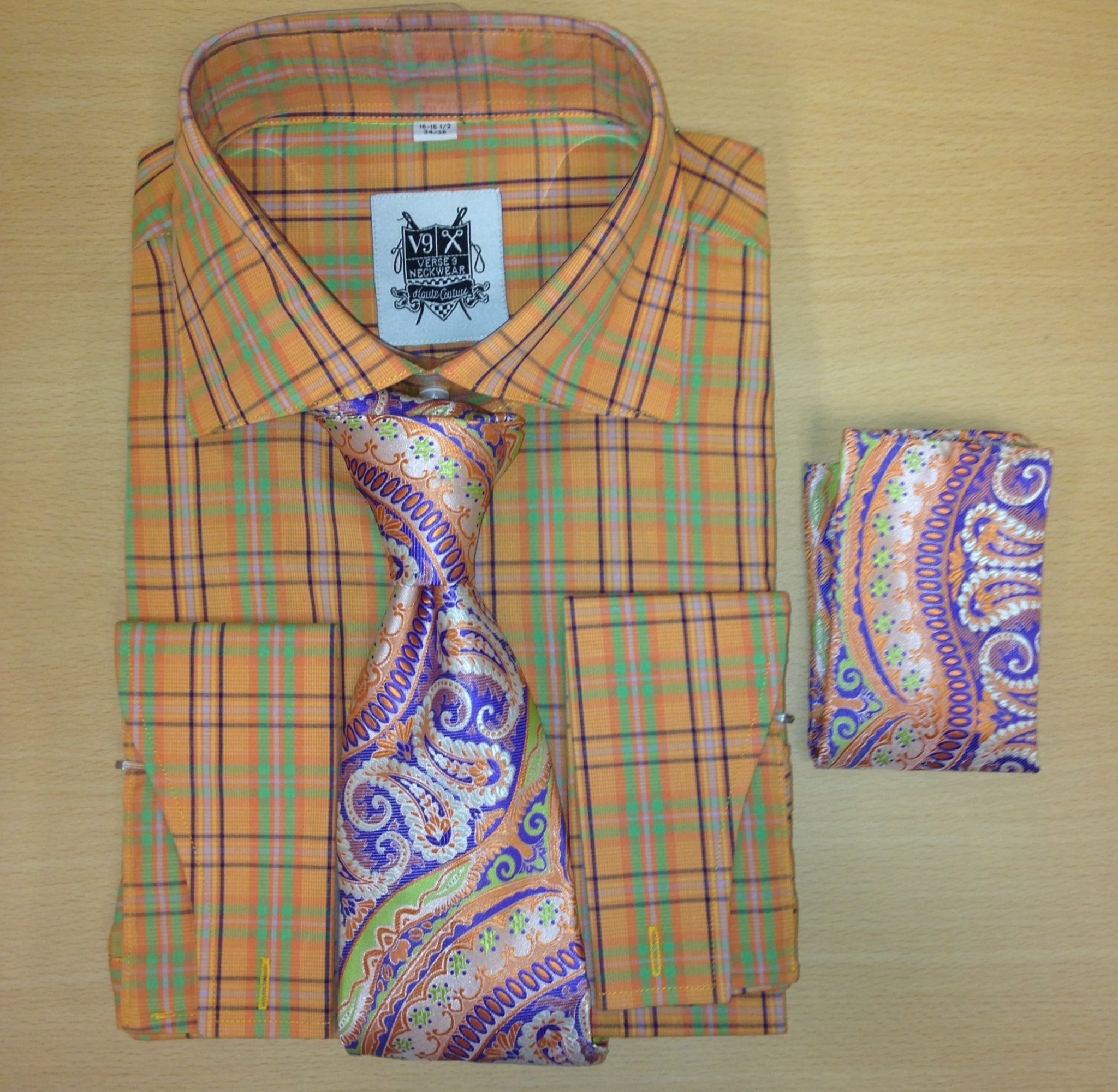 *Men's Fashion Tiger Orange Multi Checked Dress Shirt and Custom Tie/Hanky