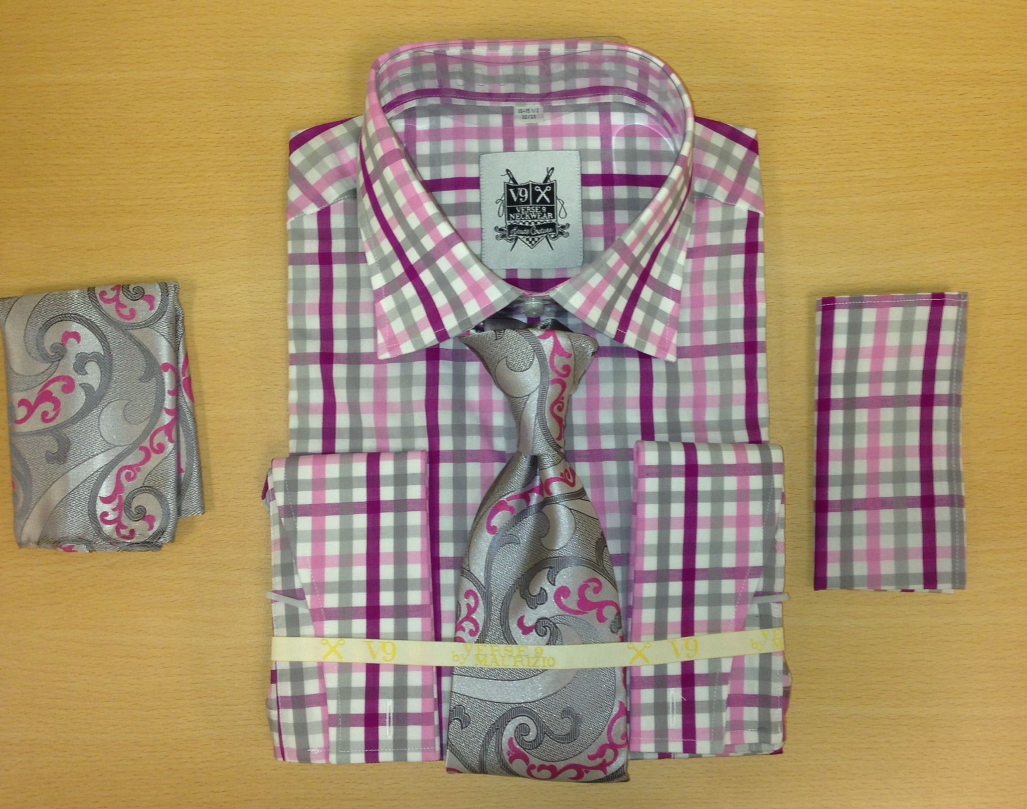 Men's Fashion Pink and Gray Tri-Mix Dress Shirt and Custom Tie and 2 Hankies 