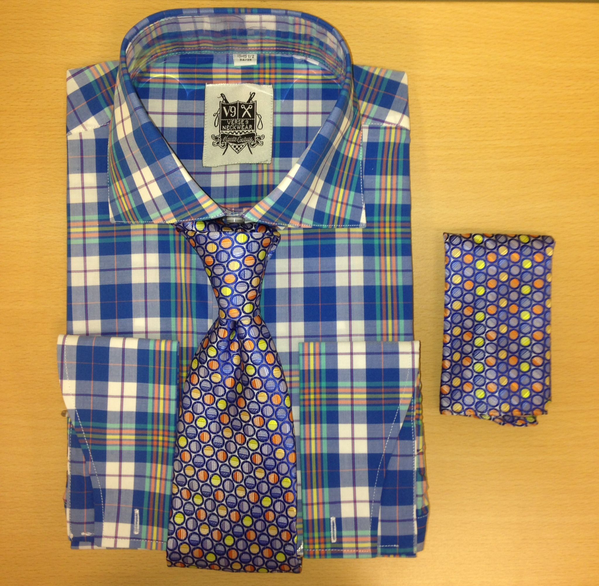 Men's Fashion Royal Blue Checked Polka Dress Shirt and Custom Tie/Hanky