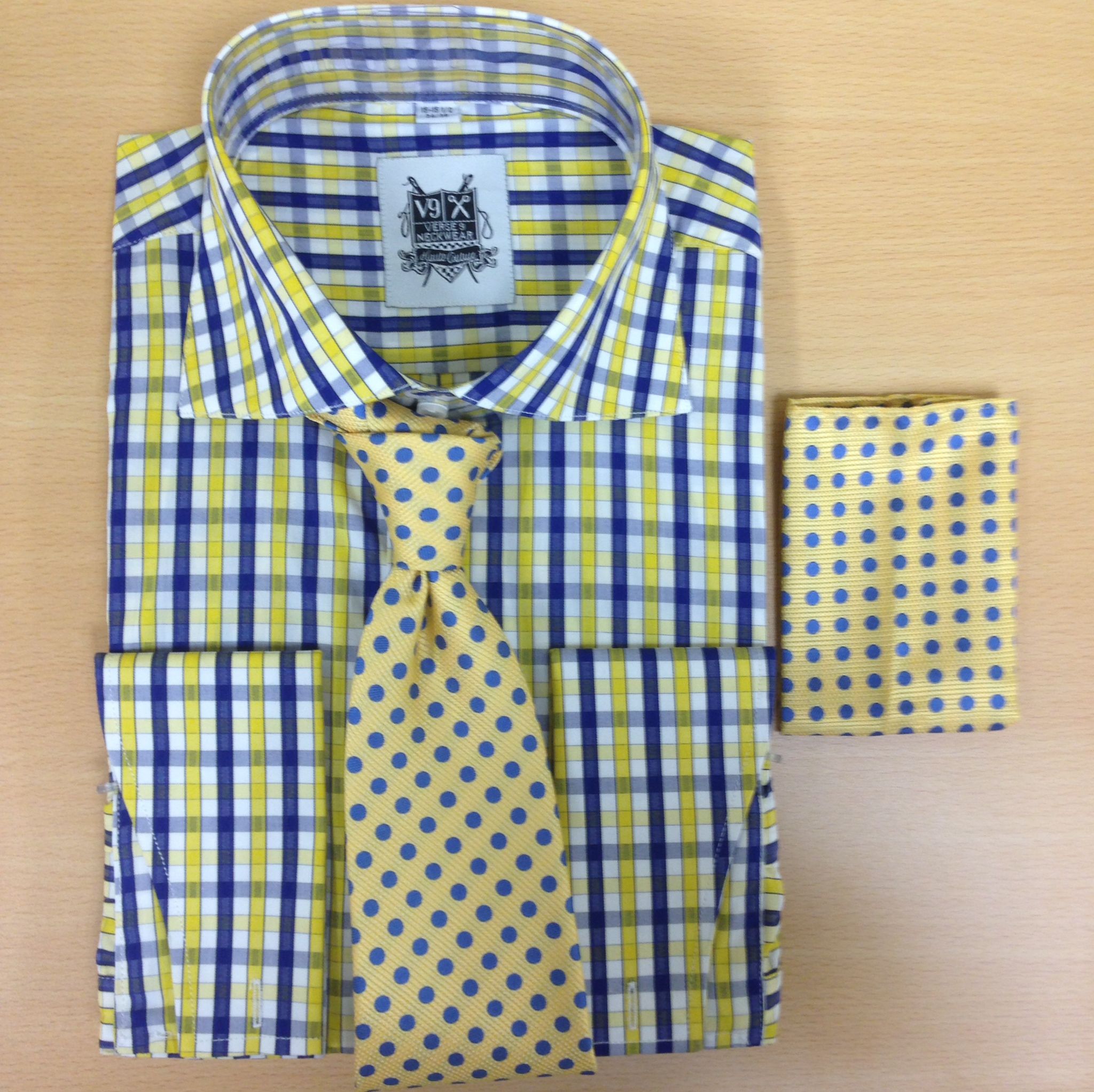 Men's Fashion Royal Blue/Yellow Checked Dress Shirt and Custom Tie/Hanky