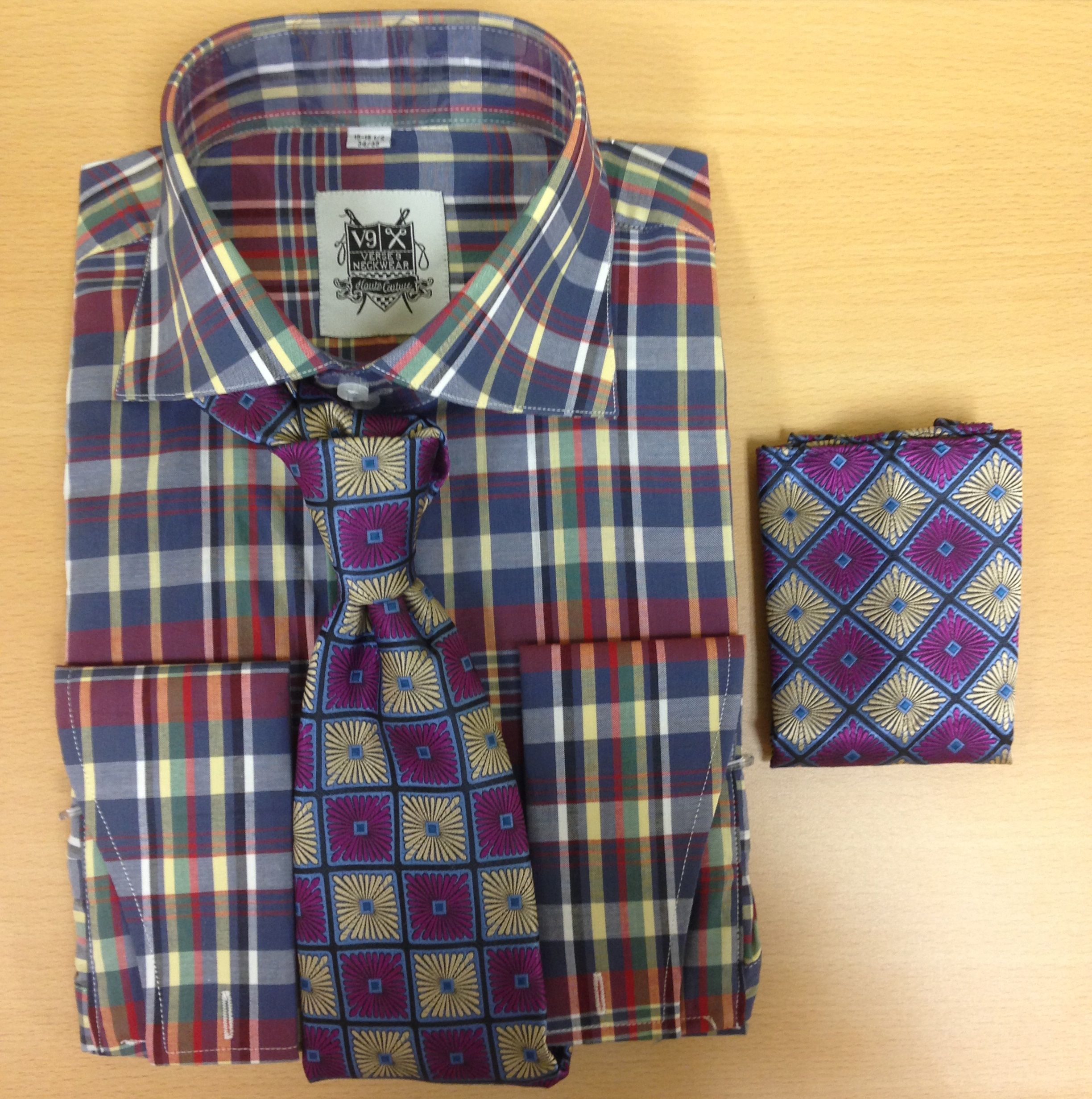 Men's Fashion Red and Navy Madras Checked Dress Shirt and Custom Tie/Hanky
