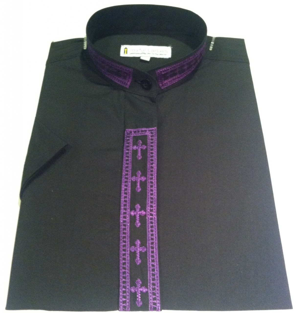 359. Men's Short-Sleeve Clergy Shirt With Fine Embroidery - Black/Purple