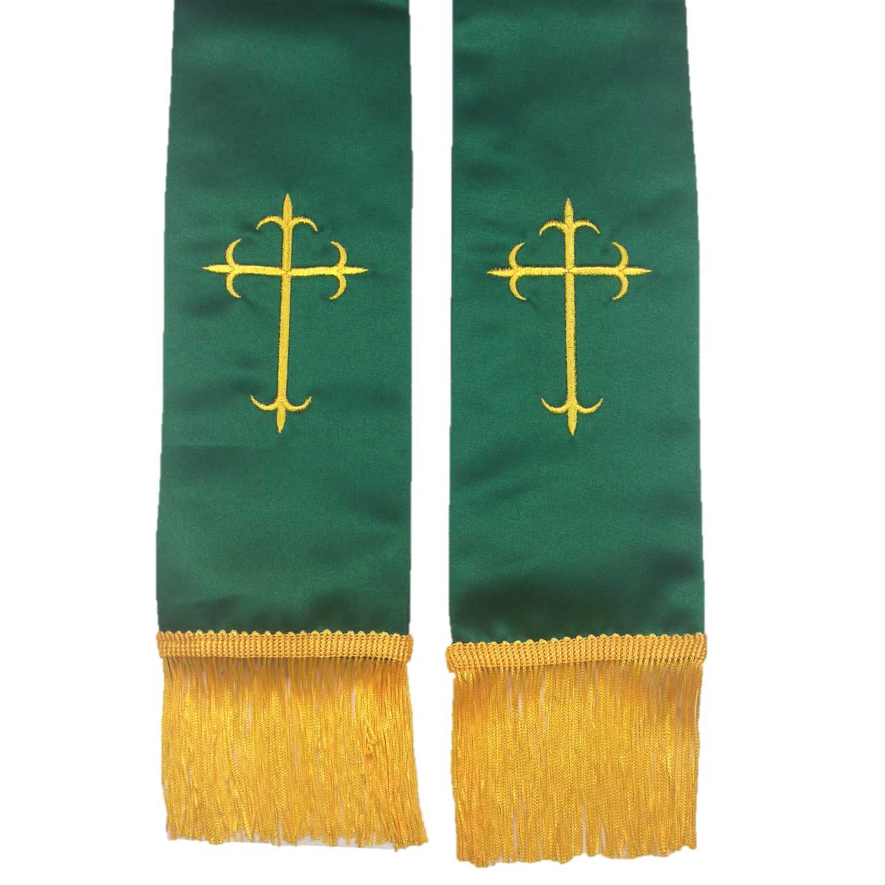 Premium Clergy Stole - Emerald Green Satin with Gold Latin Crosses