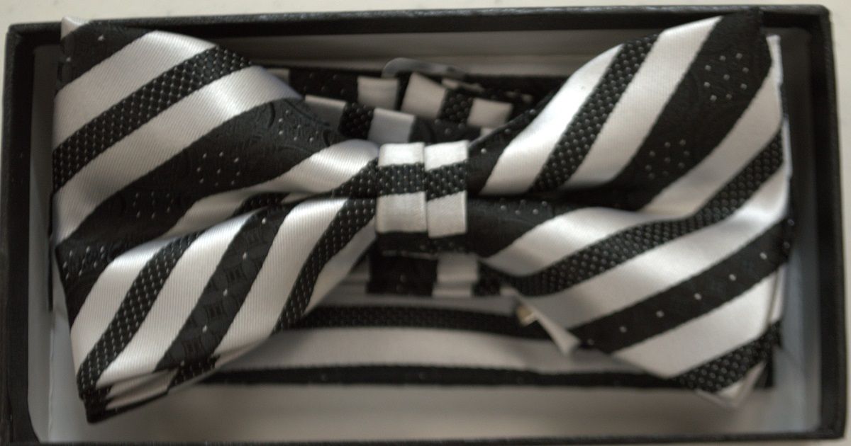 *Men's Striped Pattern Bow Tie + Hanky - Black & White