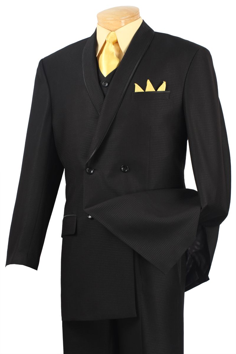 Men's Double Breasted Suit - Black with Vest