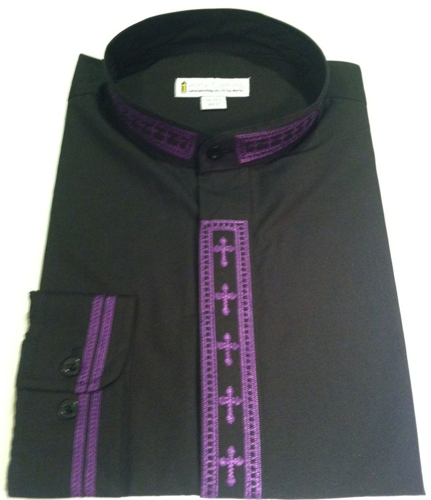 309. Men's Long-Sleeve Clergy Shirt With Fine Embroidery - Black/Purple