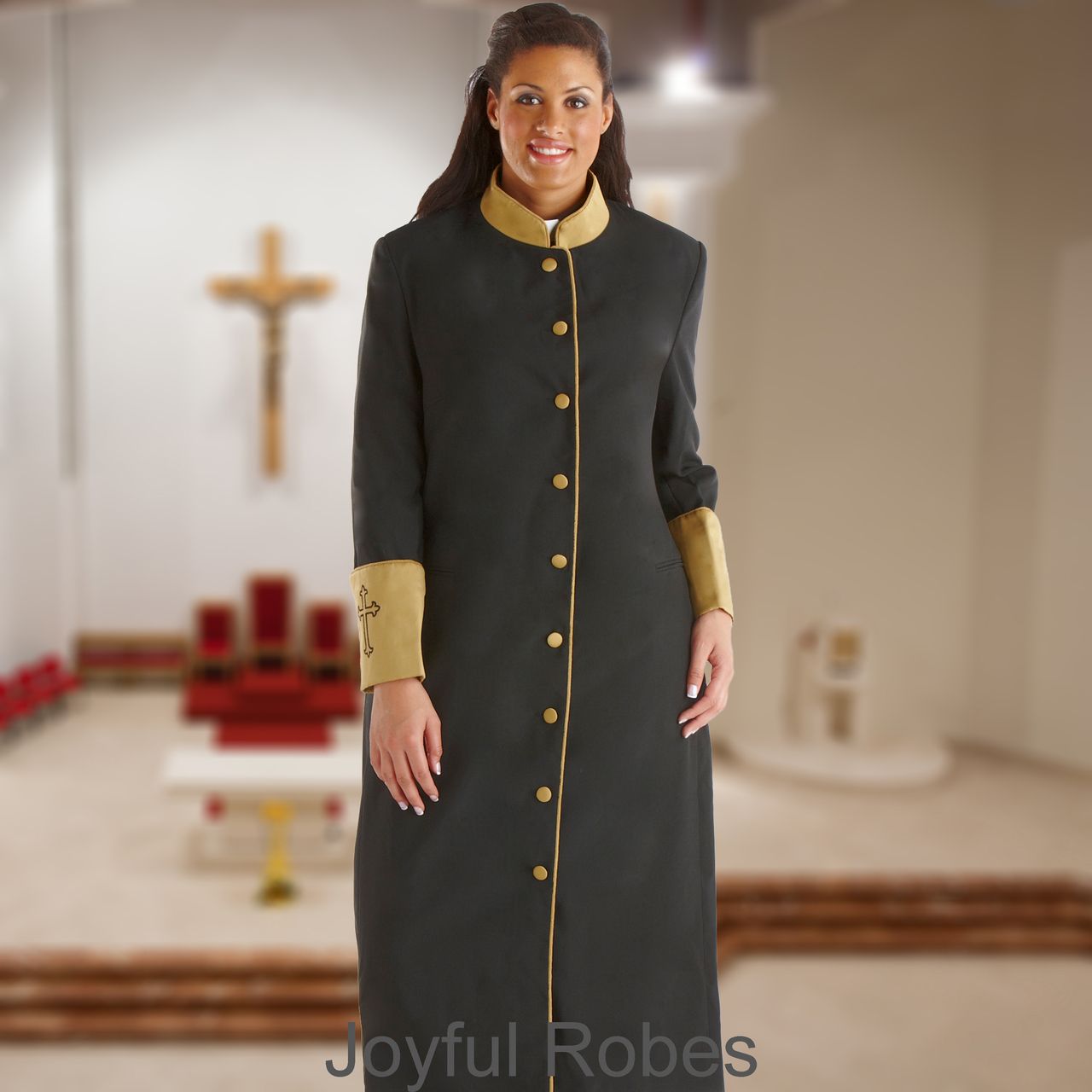 301 W. Women's Clergy/Pastor Robe Black/Gold Cuff