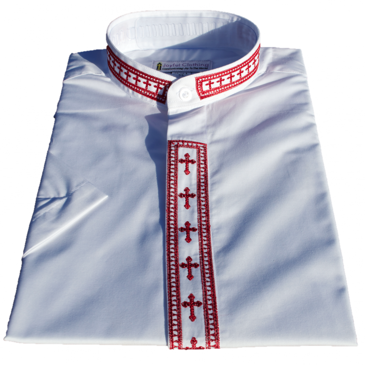 361. Men's Short-Sleeve Clergy Shirt With Fine Embroidery - White/Red