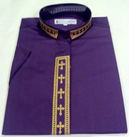 355. Men's Short-Sleeve Clergy Shirt With Fine Embroidery - Purple/Gold