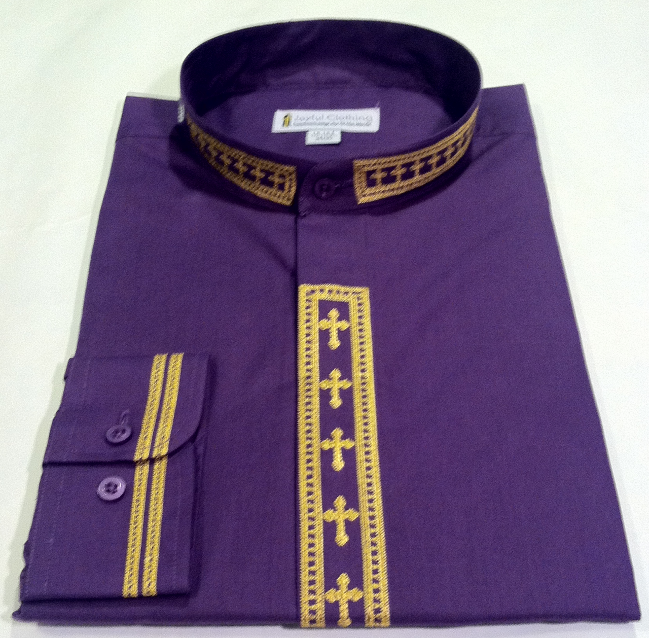 305. Men's Long-Sleeve Clergy Shirt With Fine Embroidery - Purple/Gold