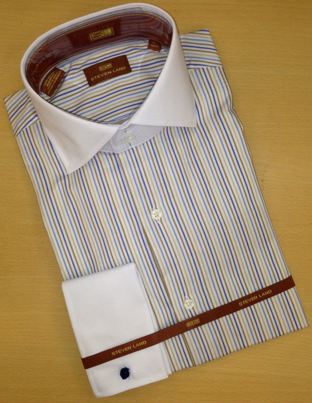 Men's Steven Land Sharp Striped Spread Collar Dress Shirt - White