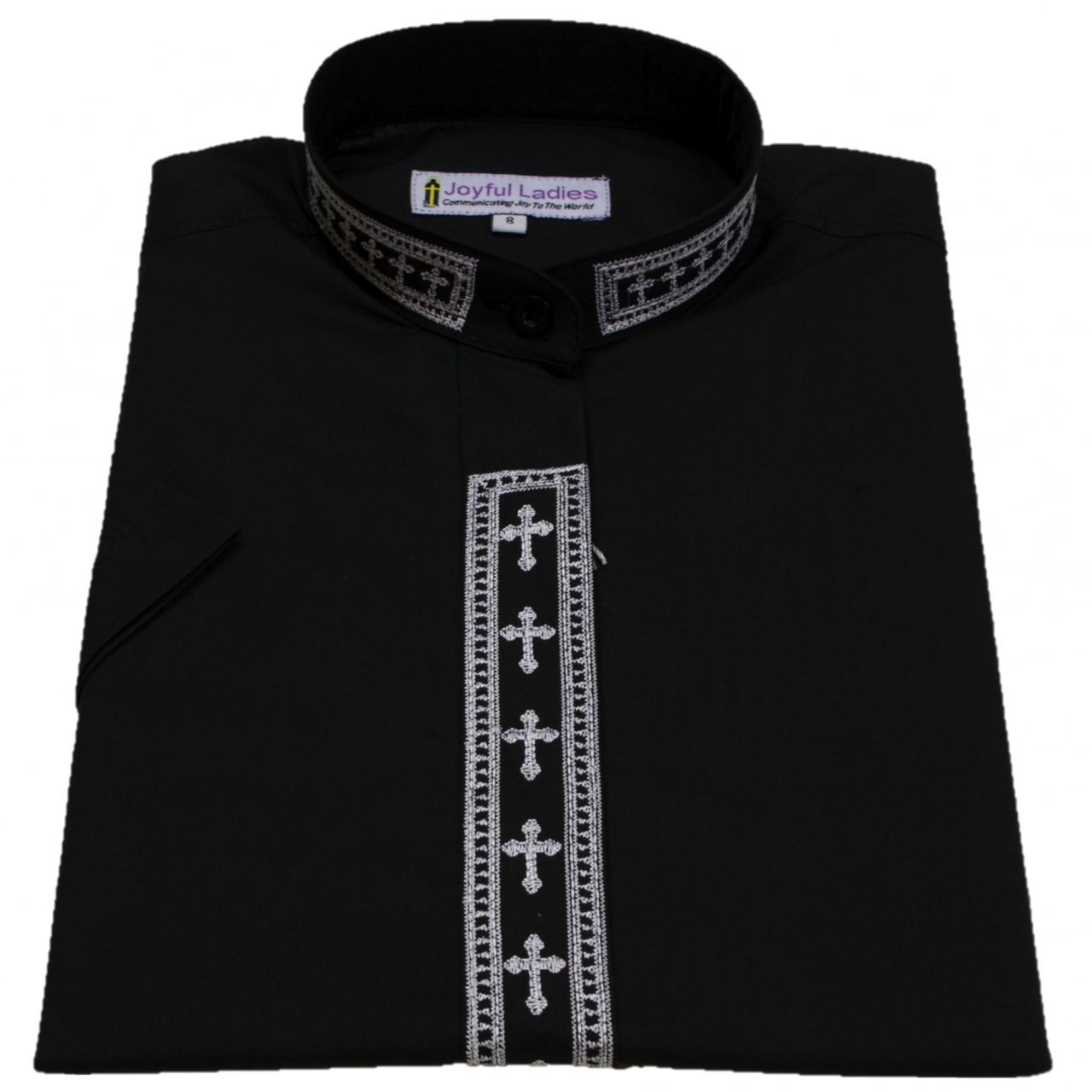 753. Women's Short-Sleeve Clergy Shirt With Fine Embroidery - Black/White
