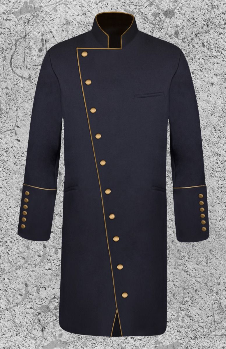 Men's Double Breasted Clergy Frock Jacket in Black and Gold with Three Quarter Length