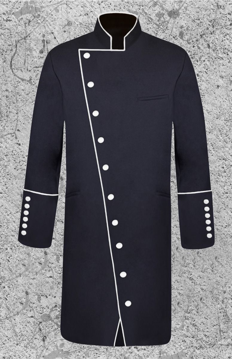 Men's Double Breasted Clergy Frock Jacket in Black and White with Three Quarter Length