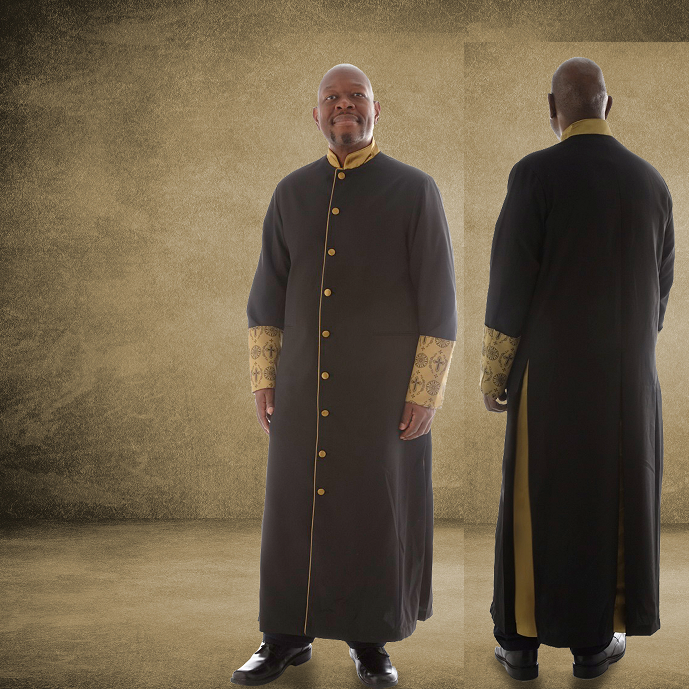 811 M. Men's Premium Pastor/Clergy Robe - Black/Gold with Fancy Pleats