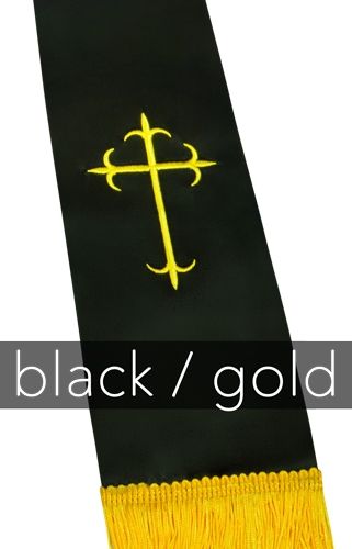 Clergy Stole - Black Satin with Gold Latin Crosses
