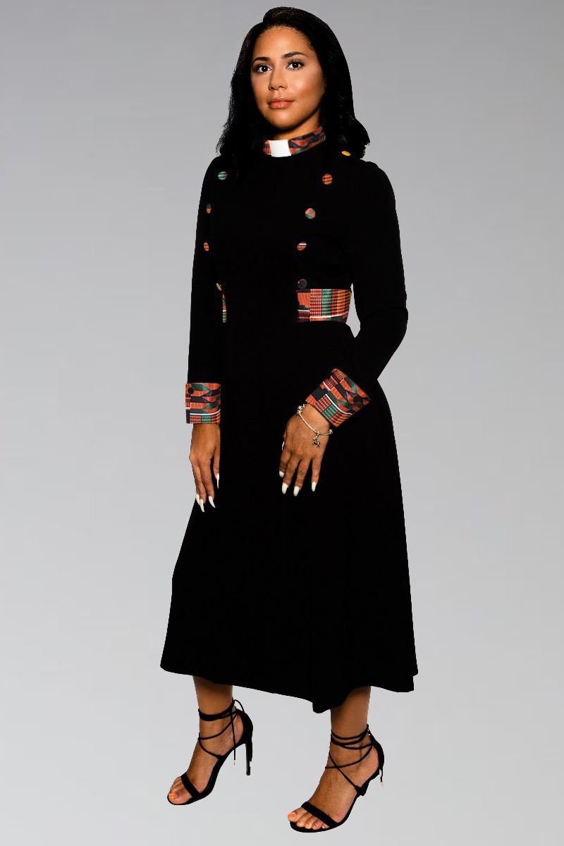 Women's Clergy Dress BLACK with African Kente Contrast & Designer Buttons