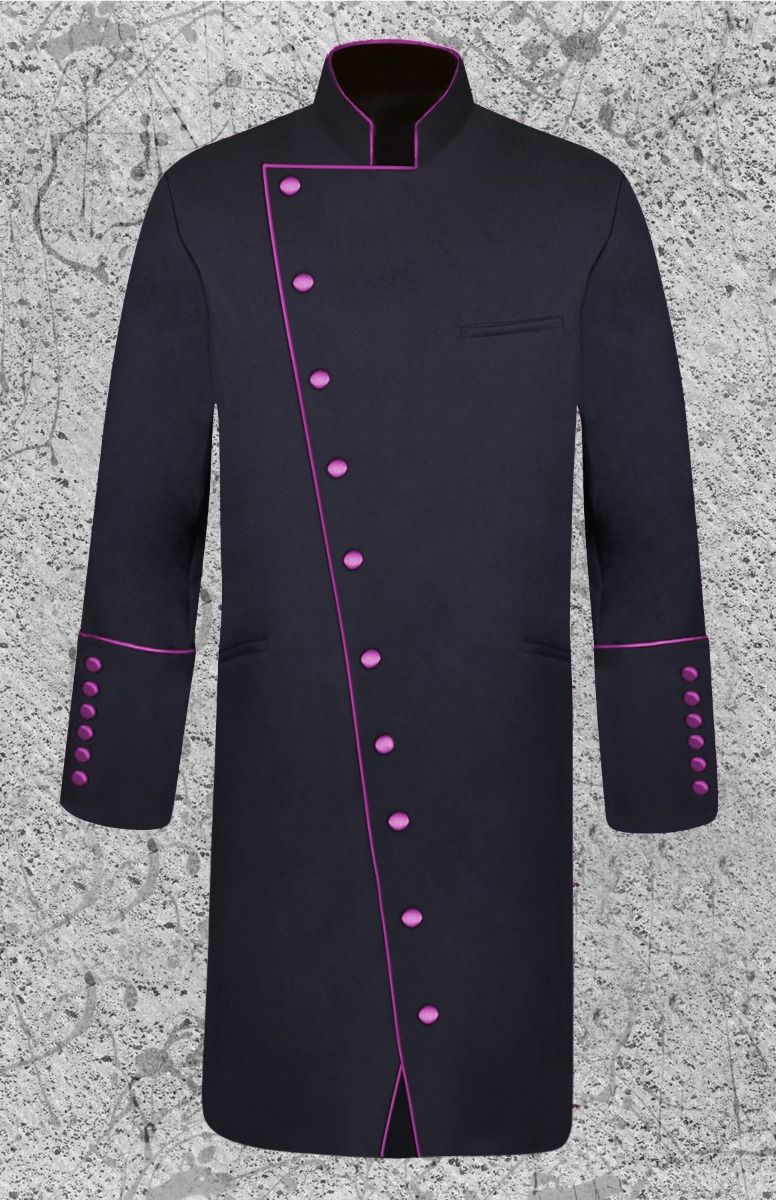 Men's Double Breasted Clergy Frock Jacket in Black and Purple with Three Quarter Length