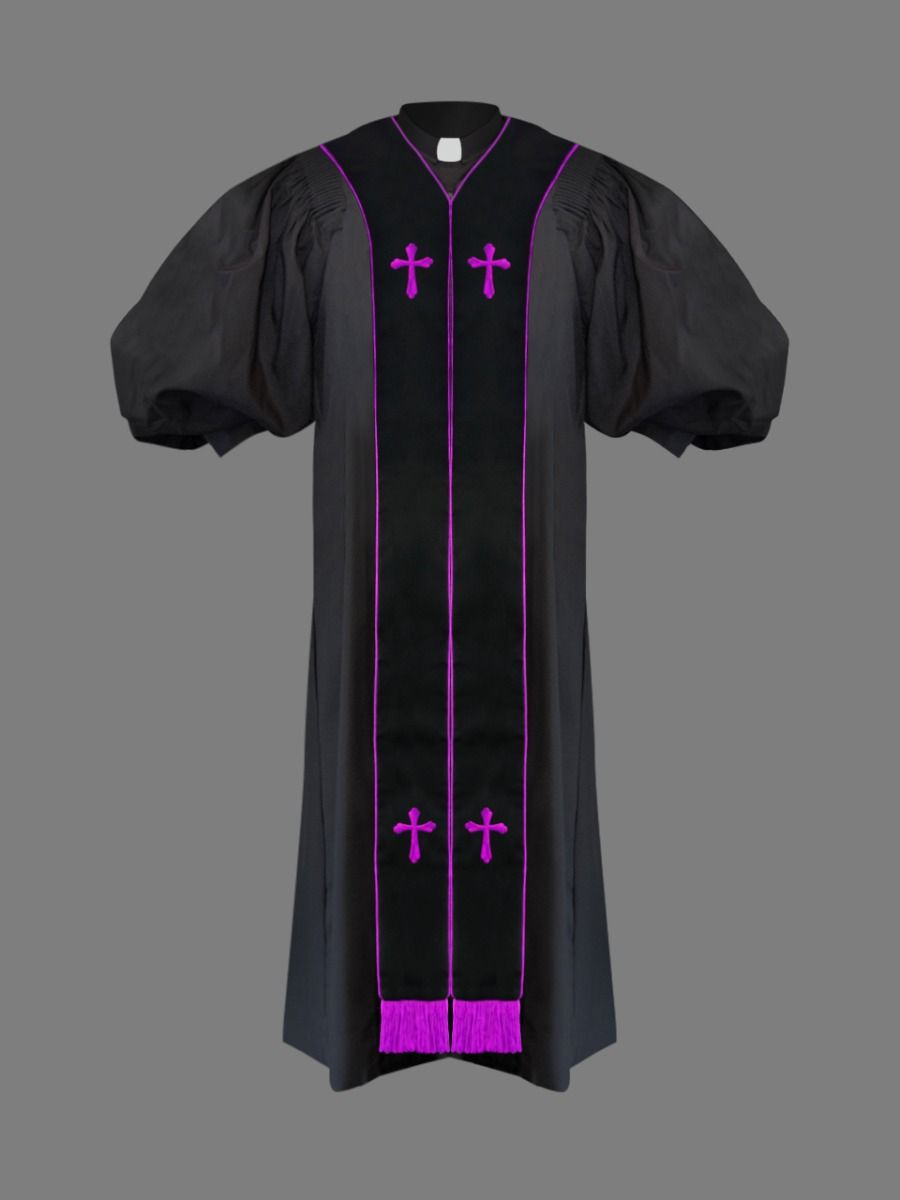 Clergy Pulpit Robe Black with Free Black/Purple Stole