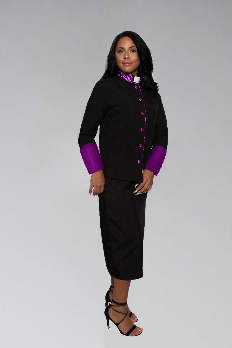 Women's Clergy Suit in Black with Purple Cuffs