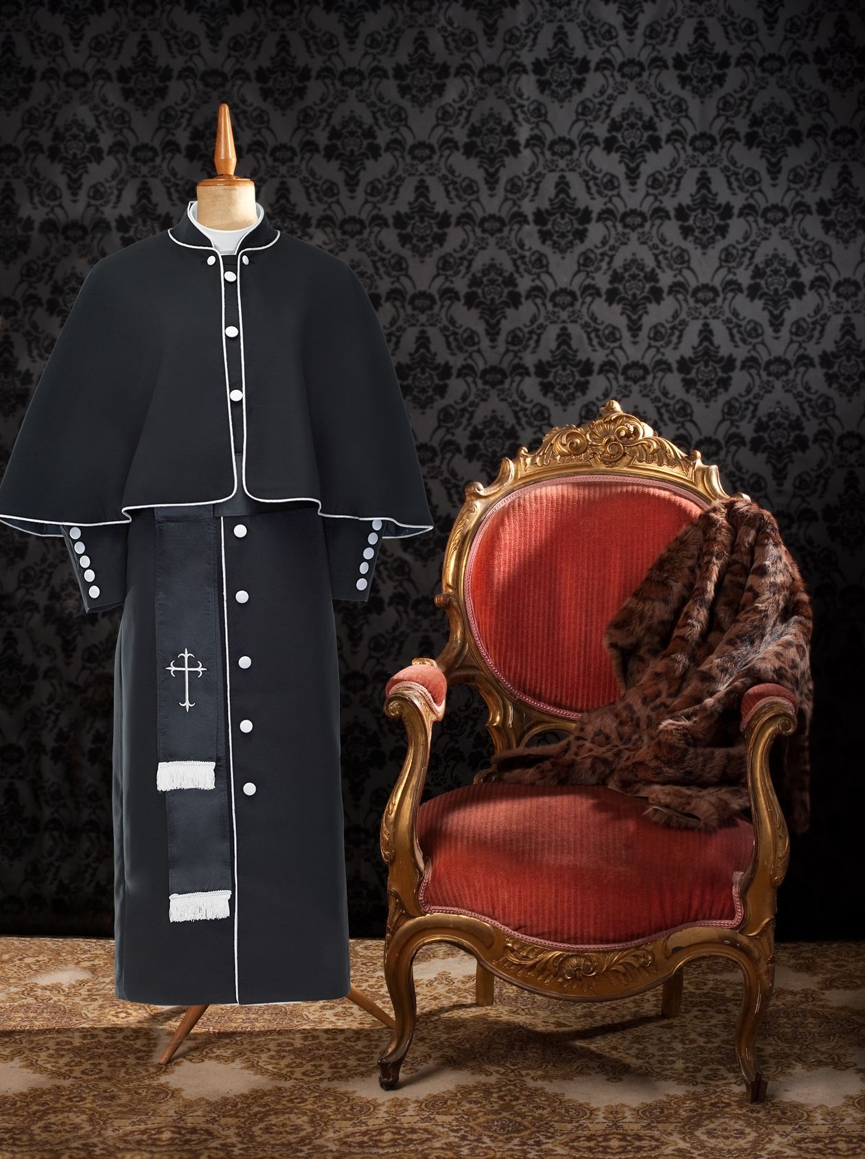 170 M. Men's Pastor/Clergy Robe Black/White Luxury Ensemble