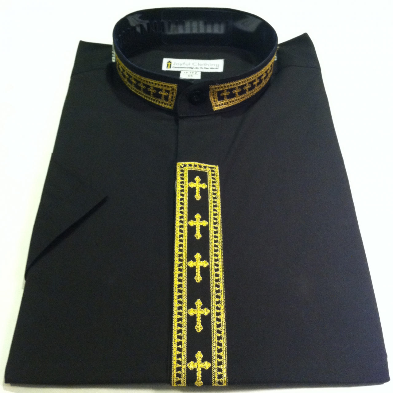 756. Women's Short-Sleeve Clergy Shirt With Fine Embroidery - Black/Gold