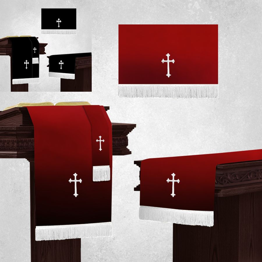 Communion Table runner with 3 piece altar parament set in Black and Burgundy with White fringe