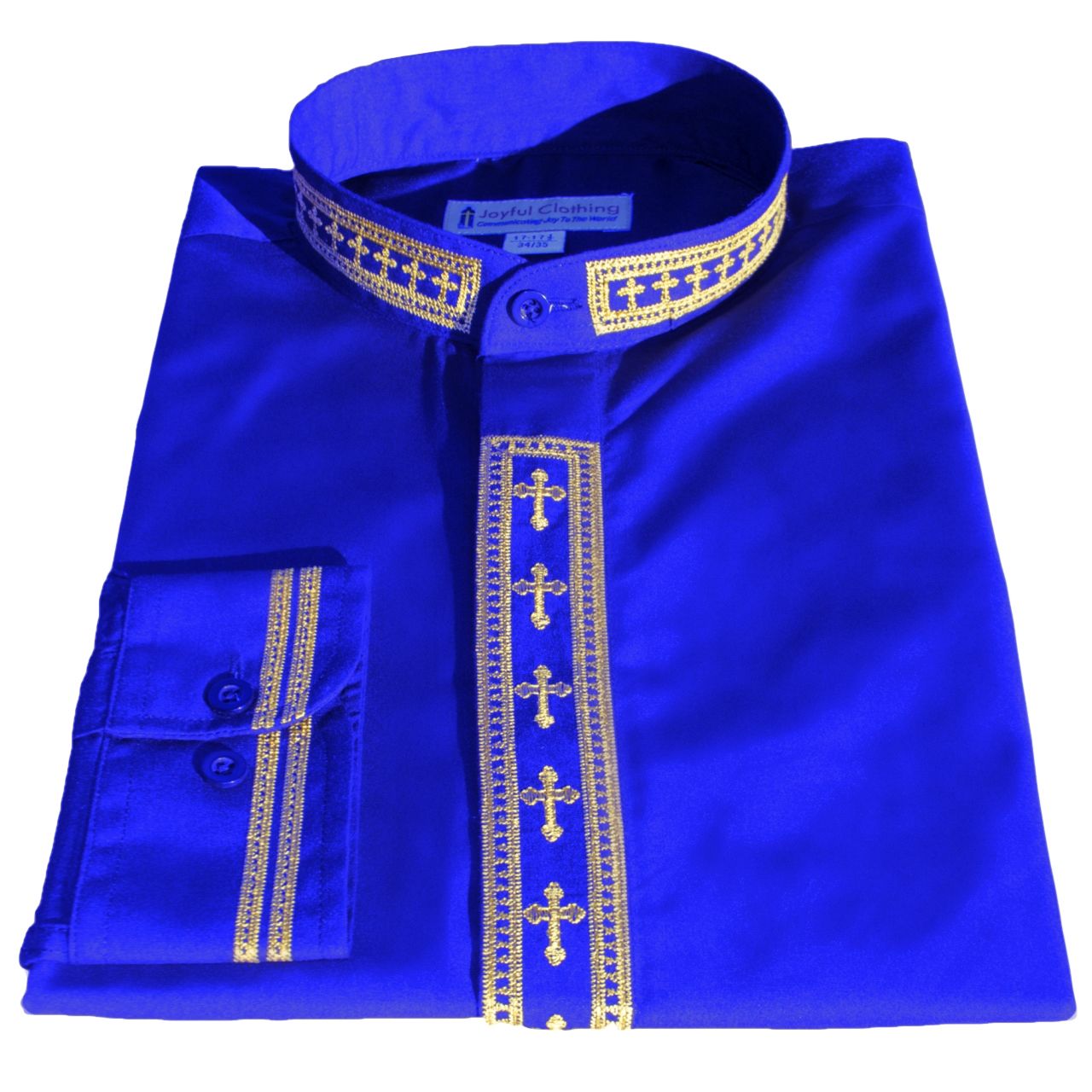 318. Men's Long-Sleeve Clergy Shirt With Fine Embroidery - Royal/Gold