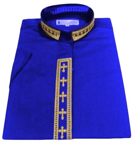 768. Women's Short-Sleeve Clergy Shirt With Fine Embroidery - Royal/Gold
