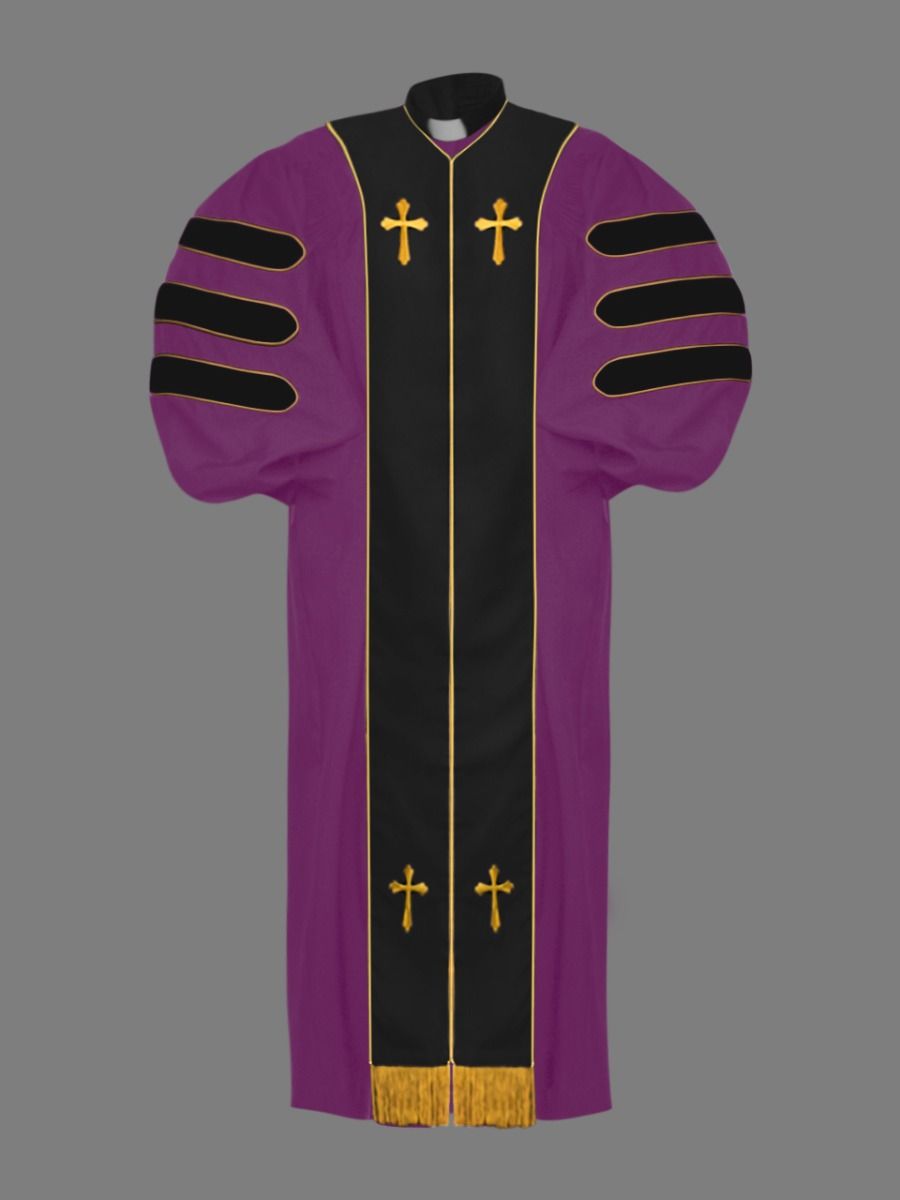 Dr. of Divinity Bishop Robe in Purple with Black and Gold Doctor Bars