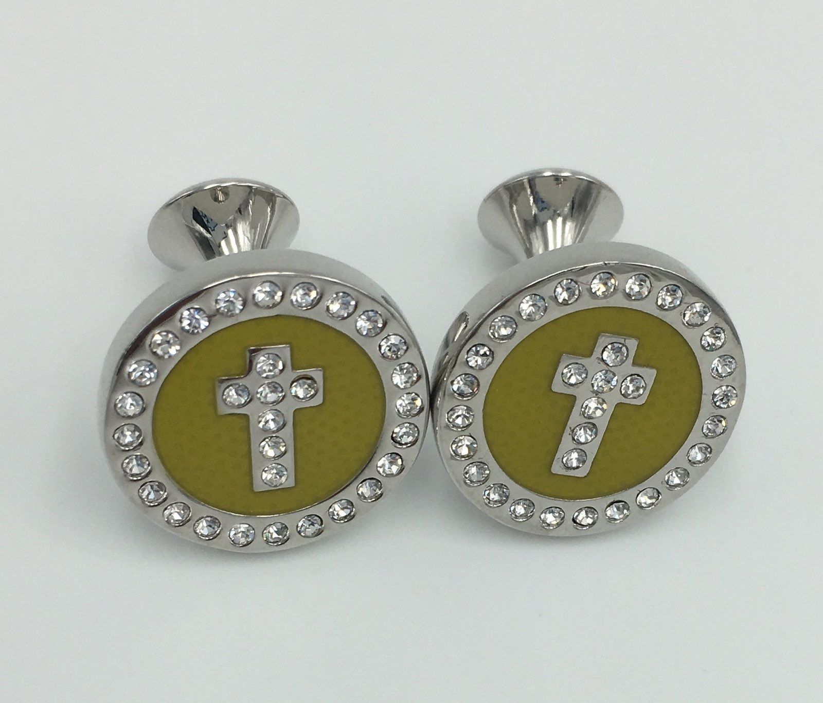 2 Pc. Noble Circle Cross Diamond Stone Cufflinks - Canary Yellow