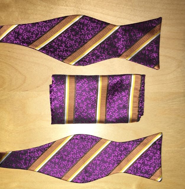 *Men's Self-Tie Butterfly Striped AND Floral Bow Tie + Hanky - Purple and Gold