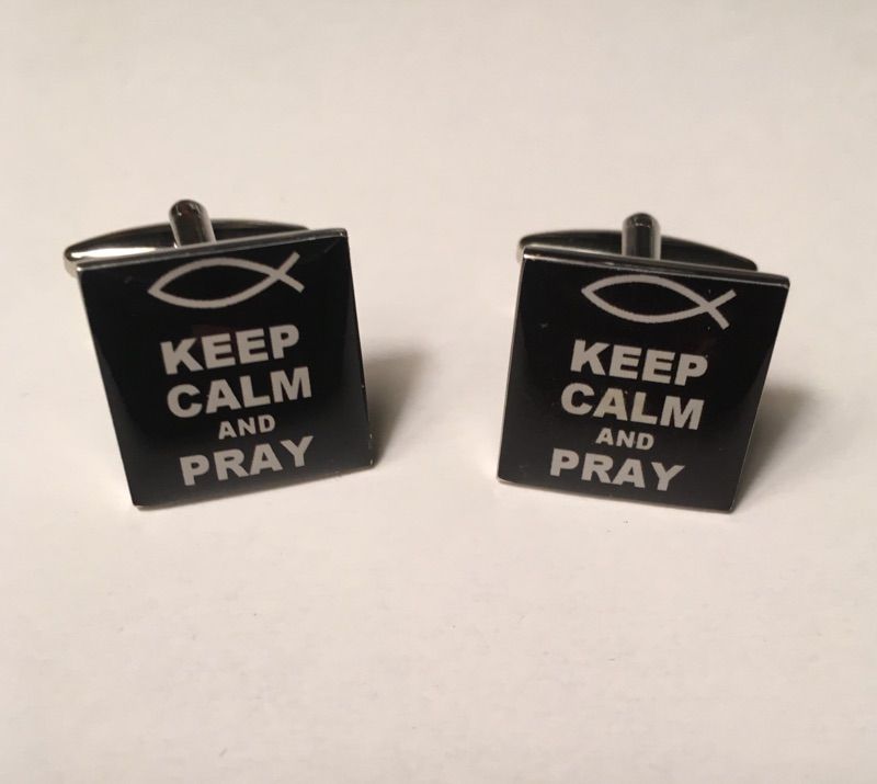 2 Pc. Square Trendy Keep CALM and PRAY with Holy Ichthys Cufflinks