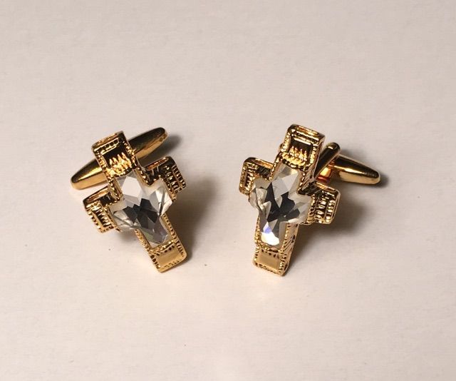 *2 Pc. Religious Ivory Magnificent Stone in a Gold Cross Cover Cufflinks 