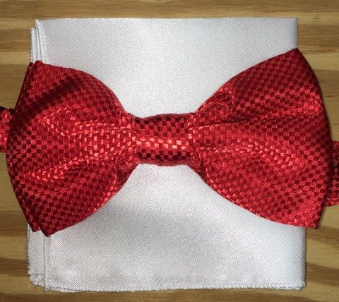 *Men's Checkered Fashion Silky Pattern Bow Tie + Solid Hanky - Red