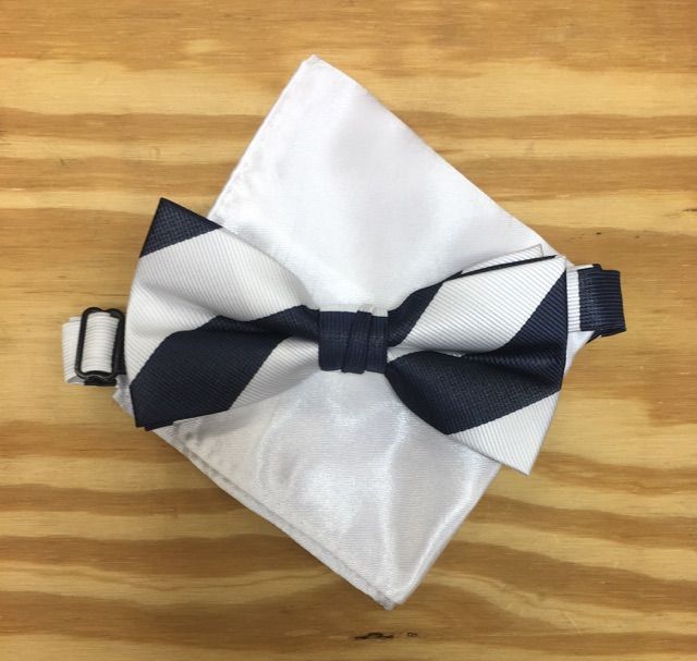 *Men's Striped Classy Navy and White Bow Tie + Solid Hanky