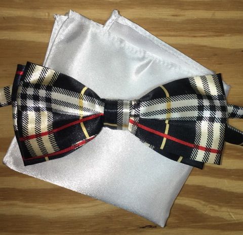 *Men's Plaid Black-Gold-Red Bow Tie + Solid Hanky