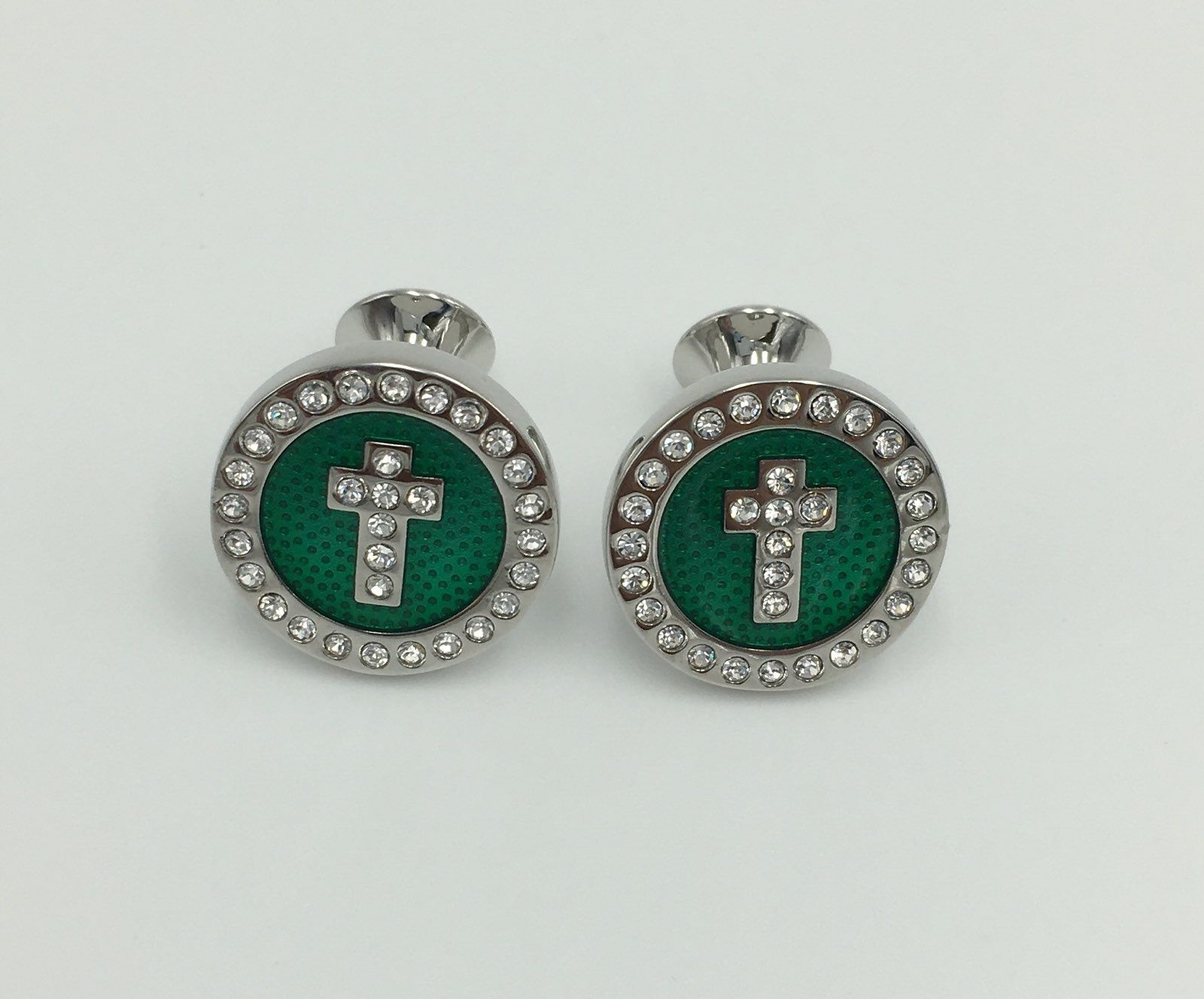 2 Pc. Noble Circle Cross Diamond Stone Cufflinks - Emerald Green