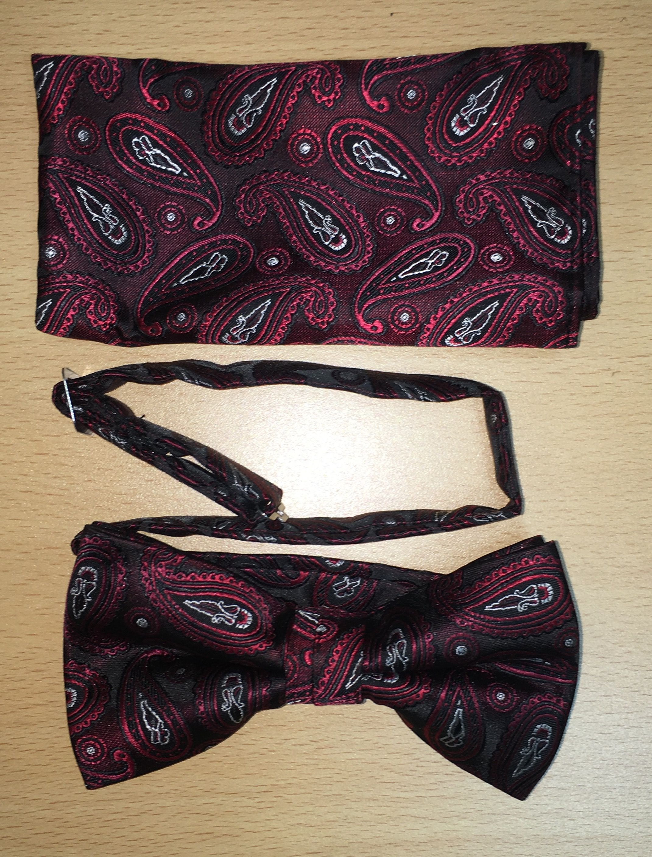 Men's Extravagant Solo Paisley Pattern Bow Tie + Hanky - Rose Red