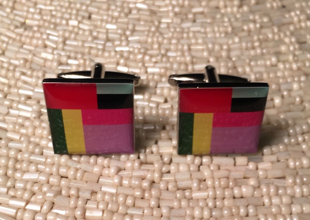 2 Pc. Rainbow Colored Rectangle Spaces Fashion Design Cufflinks