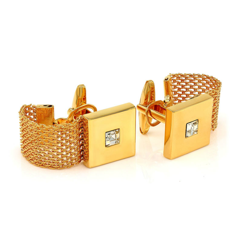 2 Pc. Chain Wrap-Around Square Cufflinks with a Crystal Stone - GOLD